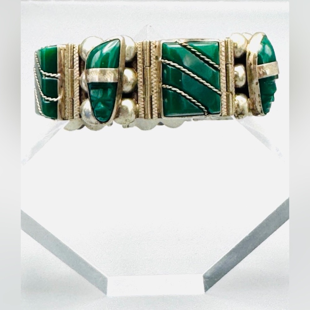 😍 Vintage Taxco Mexican Bracelet in Mexico Silver & Green Stone, Sz 6